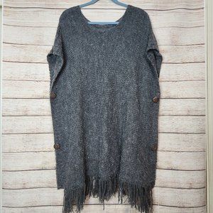 Bayberry Road Fringe Bottom Poncho Side Buttons Gray Women's One Size